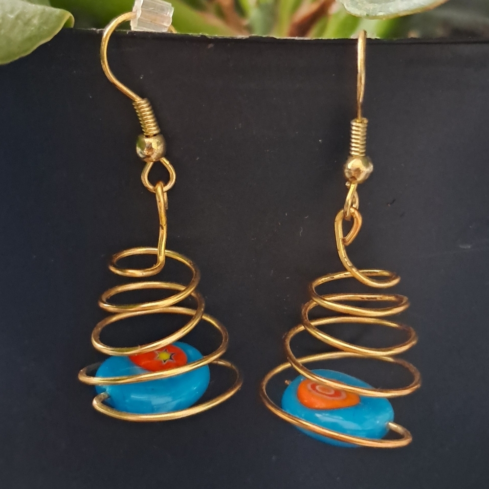 Gold Wire Spiral Earrings with Blue Accents